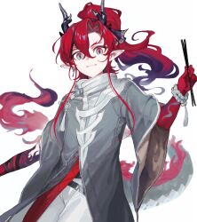  1boy arknights beads black_hair chopsticks closed_mouth coat colored_extremities cowboy_shot gradient_hair grey_coat grey_eyes hair_between_eyes hair_intakes hashtag-only_commentary highres holding holding_chopsticks horns long_hair looking_at_viewer male_focus multicolored_eyes multicolored_hair purple_hair red_eyes red_hair ririri_(lilili_tea) simple_background smile solo standing tail tassel two-tone_eyes white_background wide_sleeves yu_(arknights) 