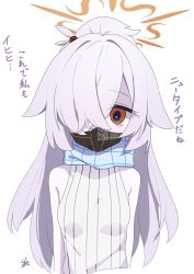  1girl alternate_hairstyle armpit_crease bags_under_eyes bare_arms blue_archive blue_scarf borrowed_accessory breasts colored_skin commentary_request cosplay cropped_torso crossed_bangs grey_hair hair_flaps hair_intakes hair_ornament hair_over_one_eye halo highres kanoe_(blue_archive) long_hair looking_at_viewer mask mouth_mask orange_eyes orange_halo parted_bangs plaid_clothes plaid_scarf ponytail scarf sidelocks signature simple_background sleeveless sleeveless_sweater small_breasts snipesense sof_(blue_archive) sof_(blue_archive)_(cosplay) solo sweater translation_request vertical-striped_sweater very_long_hair white_background white_skin white_sweater 