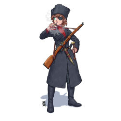 1girl black_boots bolt_action boots braid brown_hair chokha cigarette cossack dagger eyepatch fur_hat green_eyes gun hat highres holding holding_cigarette kindjal knee_boots knife looking_to_the_side medium_hair mosin-nagant non-web_source officer ostwindprojekt papakha red_tunic rifle russia russian_civil_war russian_text serious shashka single_braid tunic weapon white_background 