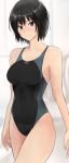  1girl amagami black_hair black_swimsuit breasts brown_eyes competition_swimsuit cowboy_shot highres looking_at_viewer nanasaki_ai one-piece_swimsuit short_hair small_breasts solo standing swimsuit two-tone_swimsuit white_background yoo_tenchi 