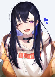  1girl 717minami absurdres black_choker black_hair choker colored_inner_hair drawstring hair_between_eyes heart highres hood hoodie ichinose_uruha ichinose_uruha_(2nd_costume) jacket long_hair looking_at_viewer lupinus_virtual_games multicolored_hair one_eye_closed open_mouth parted_bangs pendant_choker simple_background solo teeth upper_body upper_teeth_only violet_eyes virtual_youtuber vspo! white_background white_hoodie 