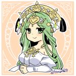  1girl bangs breasts closed_mouth fire_emblem fire_emblem:_three_houses green_eyes green_hair hair_ornament headdress large_breasts long_hair looking_at_viewer rhea_(fire_emblem) smile solo upper_body yukia_(firstaid0) 