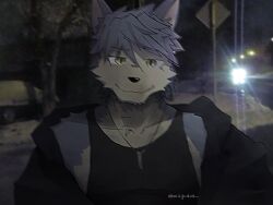  1boy animal_ears artist_name black_jacket black_tank_top dog_boy dog_ears dog_nose dog_tags english_commentary furry furry_male grey_fur grey_hair highres jacket jewelry kouya_aotsuki looking_at_viewer male_focus morenatsu muscular muscular_male necklace photo_background smile tank_top twitter_username wik4d 