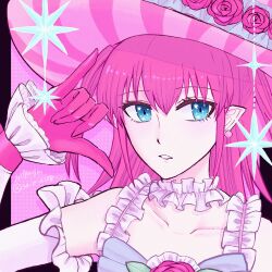  1girl blue_eyes dress earrings elizabeth_bathory_(fate) fate/grand_order fate_(series) flower gloves highres jewelry kashiran long_hair looking_at_another pink_flower pink_gloves pink_rose pointy_ears rose solo 
