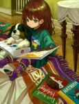  1girl absurdres animal bangs book brown_hair child closed_eyes closed_mouth dog green_eyes green_shirt highres holding holding_book indoors long_hair on_floor original oversized_clothes rug sero3eta shirt sitting table 