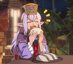  1girl :3 :d ^_^ closed_eyes commentary_request double-parted_bangs eating elf elvaan fang final_fantasy final_fantasy_xi final_fantasy_xiv food frilled_sleeves frills highres holding holding_food korean_commentary long_hair low-tied_long_hair notice_lines outdoors plate pointy_ears prishe purple_hair sidelocks sitting smile solo table taco triochips 