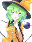  1girl :q absurdres bangs black_headwear blouse blue_eyes blush bow buttons closed_mouth commentary_request diamond_button eyeball eyebrows_visible_through_hair finger_to_mouth frilled_shirt_collar frilled_sleeves frills green_hair green_skirt hair_between_eyes hand_up hat hat_bow hat_ribbon highres komeiji_koishi long_sleeves looking_at_viewer medium_hair mokoo43451177 ribbon shirt simple_background skirt smile solo third_eye tongue tongue_out touhou upper_body wavy_hair white_background wide_sleeves yellow_bow yellow_ribbon yellow_shirt 