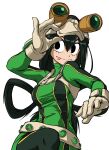  1girl :&gt; absurdres asui_tsuyu bangs bodysuit boku_no_hero_academia gloves goggles goggles_on_head green_bodysuit green_hair highres long_hair low-tied_long_hair mole mole_under_eye shukeiart solo tongue tongue_out white_background 
