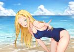  1girl absurdres backon beach blonde_hair blue_eyes blue_sky breasts clouds commentary competition_school_swimsuit cowboy_shot day forehead highres horizon kofune_ushio large_breasts leaning_forward long_hair ocean one_eye_closed outdoors school_swimsuit sky solo summertime_render swimsuit very_long_hair 