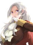  1girl blood blood_from_mouth blue_eyes brown_jacket edelgard_von_hresvelg fire_emblem fire_emblem:_three_houses gloves jacket long_hair long_sleeves looking_at_viewer robaco shiny shiny_hair simple_background solo upper_body white_background white_gloves white_hair 