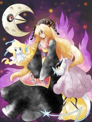  1girl black_dress blonde_hair closed_mouth dalachi_(headdress) dress full_body greatmothsucks headdress highres jirachi junko_(touhou) long_hair lunatone pokemon pokemon_(creature) raikou red_eyes smile sugimori_ken_(style) tabard touhou very_long_hair 