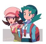  2girls :d alternate_color backpack bag bangs bow brown_eyes brown_hair cabbie_hat closed_mouth commentary cropped_jacket eyelashes green_hair green_headwear green_jacket hat hat_bow highres holding_strap jacket kris_(pokemon) long_hair looking_at_viewer lyra_(pokemon) multiple_girls open_mouth pink_headwear pink_shirt pokemon pokemon_(game) pokemon_masters_ex red_bag shirt smile tongue translated twintails tyako_089 undershirt yellow_overalls 