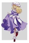  1girl :d blonde_hair dress frills from_behind full_body grey_background hair_over_one_eye hat highres long_hair long_sleeves looking_at_viewer looking_back maribel_hearn miko_(miko030751) mob_cap purple_dress shoes simple_background smile socks solo standing standing_on_one_leg touhou white_legwear yellow_eyes 