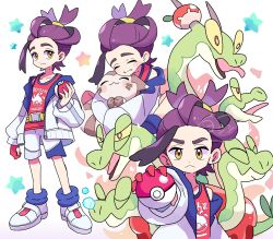  1boy :&lt; :3 ^_^ closed_eyes commentary_request dot_nose furret highres holding holding_poke_ball holding_pokemon hug hydrapple jacket kieran_(pokemon) league_club_uniform long_sleeves looking_at_viewer looking_to_the_side male_focus multicolored_jacket multiple_views open_clothes open_jacket poke_ball poke_ball_(basic) pokemon pokemon_(creature) pokemon_sv ponytail print_shirt purple_hair red_tank_top shirt shoes shorts sideways_glance smile squeans star_(symbol) tank_top two-tone_jacket unzipped white_background white_shoes yellow_eyes yoshishi_(yosisitoho) zipper_pull_tab 