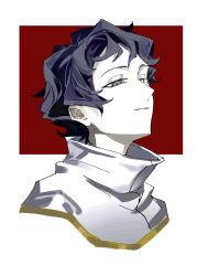  1boy absurdres black_hair capelet closed_mouth commentary cropped_shoulders gold_trim grey_eyes half-closed_eyes highres male_focus pale_skin saibou_shinkyoku short_bangs short_hair smile solo symbol-only_commentary two-tone_background utsugi_noriyuki voltmeter_f white_capelet 