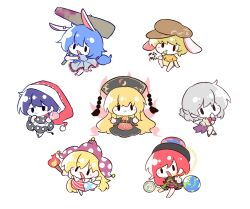  6+girls :3 american_flag_dress american_flag_legwear animal_ears anniversary arm_up bare_shoulders barefoot beads belt black_capelet black_choker black_dress black_eyes black_hat black_shirt black_shoes blonde_hair blue_dress blue_hair blush_stickers bow bowtie brown_belt brown_hat capelet chain chibi chibi_only chinese_clothes choker clownpiece commentary_request covering_own_mouth crescent crescent_print dalachi_(headdress) dango doremy_sweet dream_soul dress earclip earth_(ornament) eating energy everyone fairy_wings feathered_wings food frills from_side full_body fur-trimmed_headwear fur_trim gold_chain green_skirt grey_hair grey_jacket hair_between_eyes hair_ornament half-closed_eyes hammer hand_on_own_face hand_up hands_up hat hecatia_lapislazuli highres holding holding_hammer holding_skewer holding_torch holding_weapon jacket jester_cap junko_(touhou) kirby_(tiokirby) kishin_sagume legacy_of_lunatic_kingdom long_hair long_sleeves looking_at_viewer low_twintails medium_hair mg_mg moon_(ornament) multicolored_skirt multiple_girls neck_ribbon neck_ruff nightcap no_shoes off-shoulder_shirt off_shoulder open_clothes open_jacket open_mouth orange_shirt pantyhose phoenix_print plaid_clothes plaid_skirt polka_dot pom_pom_(clothes) puffy_short_sleeves puffy_sleeves purple_dress purple_hair purple_hat purple_skirt rabbit_ears rabbit_girl red_bow red_bowtie red_hair red_hat red_skirt red_tabard ribbon ringo_(touhou) seiran_(touhou) shirt shoes short_sleeves shorts simple_background single_wing sitting skewer skirt smile socks standing standing_on_one_leg star_(symbol) star_print striped_clothes striped_dress striped_pantyhose striped_shorts t-shirt tabard tail tassel thumbs_up torch touhou transparent_wings twintails two-tone_dress underworld_(ornament) v-shaped_eyebrows very_long_hair visor_cap wagashi wavy_hair weapon white_background white_dress white_shoes white_socks wide_sleeves wings yellow_ribbon yellow_shorts 