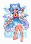  1girl absurdres ahoge bandaid bandaid_on_cheek bandaid_on_face bangs barefoot blue_bow blue_dress blue_eyes blue_hair border bow bowtie character_name cirno commentary_request dress eyebrows_visible_through_hair fangs feet flower frilled_dress frills hair_between_eyes hair_bow highres ice ice_wings lips looking_at_viewer medium_hair open_mouth outside_border pink_flower plant puffy_short_sleeves puffy_sleeves qiu_ju red_bow red_bowtie short_sleeves smile soles solo sundress sunflower tanned_cirno toes touhou vines watermelon_slice white_border white_sleeves wings 