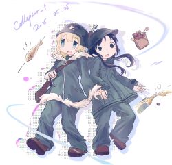  2girls alcohol artist_name ben-day_dots black_hair blonde_hair blue_eyes brodie_helmet brown_shoes candy chito_(shoujo_shuumatsu_ryokou) chocolate chocolate_bar coat combat_helmet dated fish_(food) food fried_fish fur-trimmed_coat fur_trim green_coat green_pants gun helmet highres holding holding_gun holding_weapon long_hair low_twintails military_uniform multiple_girls pants screentones shadow shoes shoujo_shuumatsu_ryokou stahlhelm travele84390939 twintails weapon yuuri_(shoujo_shuumatsu_ryokou) 