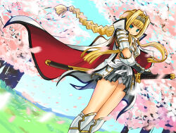  1girl armor armored_boots ashikaga_yoshiteru_(sengoku_otome) bikini_armor blonde_hair blue_sky blunt_bangs blush boobplate boots cape checkered_clothes checkered_skirt cherry_blossoms coat falling_petals feet_out_of_frame floating_hair gauntlets green_eyes hair_intakes hairband highres katana light_smile long_braid long_sidelocks looking_at_viewer outdoors panties panty_peek pantyshot petals pink_petals ribbon sengoku_otome sheath sheathed sidelocks skirt sky solo sword thighs tree tweela two-sided_coat two-sided_fabric underwear waist_ribbon weapon white_cape white_coat white_panties white_ribbon wind wind_lift 