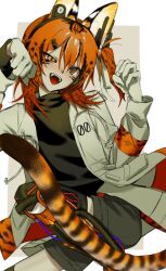  1girl a.i._voice adachi_rei android animal_ears cable cat_ears cat_girl cat_tail cowboy_shot gloves grey_shorts hands_up highres hirune_(suiminbusoku118) jacket long_sleeves mismatched_pupils open_clothes open_jacket open_mouth orange_eyes orange_hair paw_pose serval sharp_teeth shorts slit_pupils solo spotted_hair tail teeth utau white_gloves white_jacket 