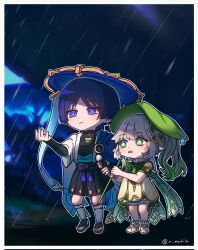  1boy 1girl armlet armor belt black_belt black_bodysuit black_bow black_bridal_gauntlets black_hair black_sandals black_shorts bloomers blue_cape blue_gemstone blue_hat blue_kimono blue_sleeves blunt_ends blurry blurry_background blush bodysuit border bow bridal_gauntlets bridal_legwear bright_pupils cape chibi closed_mouth cross-shaped_pupils detached_sleeves dress eyeliner eyeshadow feathers furisode game_screenshot_inset gem genshin_impact gold green_cape green_eyes green_hair green_sleeves hair_ornament hakama hakama_shorts hand_on_own_hip hand_up hat heart heart_hair_ornament height_difference highres holding holding_umbrella japanese_armor japanese_clothes jewelry jingasa juban kimono kote kurokote layered_sleeves leaf_umbrella leg_warmers long_hair looking_up makeup multicolored_hair nahida_(genshin_impact) open_clothes open_hand open_kimono open_mouth outdoors parted_bangs pleated_shorts pointy_ears pom_pom_(clothes) purple_rope purple_sash rain red_eyeliner red_eyeshadow rope sandals sash scaramouche_(genshin_impact) short_sleeves shorts shoulder_peek side_ponytail sidelocks socks standing stirrup_legwear streaked_hair symbol-shaped_pupils tassel toeless_legwear toeless_socks toes twitter_username umbrella violet_eyes vision_(genshin_impact) wanderer_(genshin_impact) water_drop white_bloomers white_border white_hair white_kimono white_leg_warmers white_pupils white_sleeves x_makila yellow_dress yellow_feathers yellow_socks zouri 
