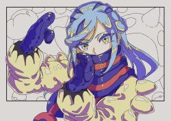  1boy aqua_eyes aqua_hair blue_eyes blue_hair blue_mittens blue_scarf eyelashes grusha_(pokemon) highres jacket long_hair long_sleeves looking_at_viewer male_focus mittens onamuzi_illust pokemon pokemon_sv scarf scarf_over_mouth simple_background solo striped_clothes striped_scarf two-tone_scarf upper_body yellow_jacket 