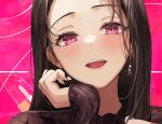  1girl :d black_shirt blush brown_hair earrings gongha highres jewelry long_hair looking_at_viewer mole mole_under_eye nail_polish open_mouth original pink_background portrait red_eyes shirt smile solo 