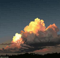  atichii blue_sky cloud_focus clouds cumulonimbus_cloud dithering english_commentary evening gradient_sky no_humans original outdoors pixel_art red_sky scenery sky twitter_username 