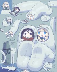  2girls absurdres artist_name black_eyes black_hair blonde_hair blue_eyes book cat chito_(shoujo_shuumatsu_ryokou) closed_eyes closed_mouth coat cup dreaming food fur-trimmed_coat fur_trim green_coat highres holding holding_book holding_cup kurohanenone long_hair low_twintails military_uniform multiple_girls multiple_views nuko_(shoujo_shuumatsu_ryokou) reading shimeji_simulation shoujo_shuumatsu_ryokou sitting sleeping sleeping_bag speech_bubble thought_bubble twintails yuuri_(shoujo_shuumatsu_ryokou) 