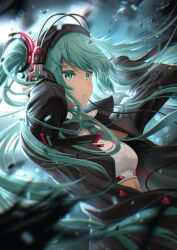  1girl aqua_eyes aqua_hair aqua_necktie black_jacket breasts crop_top debris detached_collar floating_clothes floating_hair glowing_trim hand_in_own_hair hand_on_headphones hatsune_miku headphones highres jacket light_particles long_hair long_sleeves looking_ahead midriff necktie open_clothes open_jacket parted_lips pinakes popped_collar small_breasts solo strap strapless tank_top tube_top twintails upper_body very_long_hair vocaloid white_tank_top white_tube_top wind 