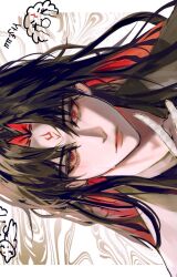  1boy alpha_transparency ameadesu black_hair black_hanfu border brown_background chibi chibi_inset chinese_clothes closed_mouth crying crying_with_eyes_open curtained_hair hand_up hanfu heart heart-shaped_pupils highres long_hair looking_at_viewer luo_binghe male_focus multicolored_hair parted_bangs patterned_background pillarboxed portrait red_eyes red_hair renzha_fanpai_zijiu_xitong sideways solo symbol-shaped_pupils tearing_up tears two-tone_hair white_background white_border zuiyin 