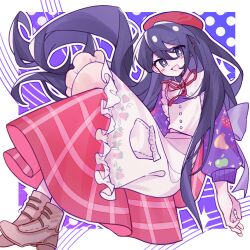  1girl :d apron arms_at_sides back_bow beret black_eyes black_hair border bow bright_pupils buttons chinese_commentary collared_sweater commentary_request double-parted_bangs flat_chest floating_hair frilled_apron frills full_body hair_behind_ear hair_between_eyes hat invisible_chair knees_up long_hair long_skirt long_sleeves looking_at_viewer mari_(birthday)_(omori) mari_(faraway)_(omori) mari_(omori) neck_ribbon official_alternate_costume omori open_mouth outline outside_border plaid_clothes plaid_skirt pocket polka_dot polka_dot_background prototype_design puffy_long_sleeves puffy_sleeves purple_background purple_sweater red_hat red_ribbon red_skirt ribbon simple_background sitting skirt smile solo sparkle sweater very_long_hair white_apron white_border white_bow white_outline white_pupils yangliyongyuanshiyangchui 