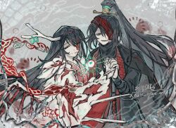  2boys antler_ring antlers black_eyes black_hair black_hanfu blood blue_eyes chinese_clothes eastern_dragon_horns family_hierarch_candidate_(identity)_(project_moon) fur_trim grey_background hanfu heterochromia high_ponytail highres holding_hands hong_lu_(project_moon) horn_ornament horn_ring horns kalliope_orc limbus_company long_hair looking_at_viewer male_focus multiple_boys open_mouth ponytail project_moon red_ribbon ribbon simple_background single_antler standing tears_of_the_tarnished_blood_(e.g.o) two-tone_hanfu upper_body very_long_hair white_hanfu 