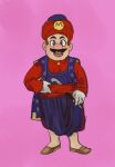  1boy :d blue_eyes blue_pants brown_footwear brown_hair clothing_request dagger facial_hair full_body highres knife looking_at_viewer male_focus mario mossacannibalis mustache pants pink_background puffy_pants sash shoes simple_background smile solo standing super_mario_bros. turban turkish_clothes weapon 