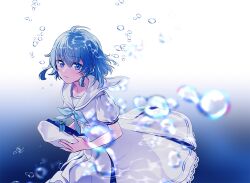  1girl ahoge air_bubble aquarium_wa_odoranai blue_eyes blue_hair bow braid bubble dress hat puffy_short_sleeves puffy_sleeves sailor_collar short_hair short_sleeves submerged suze_(aquarium_wa_odoranai) underwater white_dress 