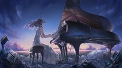  1girl bare_arms bare_shoulders black_hair closed_eyes clouds dress evening_gown floating_hair formal from_below from_side grand_piano horizon instrument long_hair m.b music piano piano_bench playing_instrument playing_piano ruins sandals sitting sky sleeveless sleeveless_dress solo sunset uz_(vocaloid) white_dress 