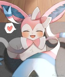 animal_focus blush bow closed_eyes facing_viewer floor full_body highres hokaimo_pkmn indoors mat no_humans open_mouth pink_fur pokemon pokemon_(creature) pokemon_focus ribbon simple_background smile solo sylveon two-tone_fur white_fur wooden_floor 