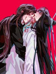  2boys absurdres adam's_apple alternate_costume alternate_hairstyle arms_around_waist black_hair black_jacket blood blood_from_mouth blood_on_clothes blood_on_face brown_hair carrying carrying_person chinese_clothes closed_eyes closed_mouth crying crying_with_eyes_open curtained_hair eyeliner facial_mark forehead_mark furrowed_brow green_ribbon hair_bun half-closed_eyes half_updo hanfu highres hug jacket long_hair long_sleeves looking_at_viewer low_ponytail luo_binghe makeup multiple_boys parted_bangs ponytail red_background red_eyeliner red_eyes renzha_fanpai_zijiu_xitong ribbon shen_qingqiu simple_background single_hair_bun squid_0930 tears upper_body v-shaped_eyebrows very_long_hair white_hanfu xiao_guan_(headdress) zuiyin 