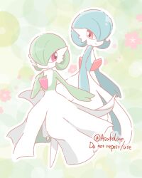  alternate_color artist_name asakoline blue_hair blue_skin bob_cut colored_skin dress floral_background gardevoir green_hair green_skin hair_over_one_eye multicolored_skin pink_eyes pokemon pokemon_(creature) shiny_pokemon smile two-tone_skin white_dress white_skin 