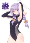  1girl absurdres armpits arms_up black_leotard blue_archive braid character_request covered_navel expressionless goyain groin highres leotard long_hair purple_hair red_eyes simple_background solo thighs twin_braids twintails white_background 