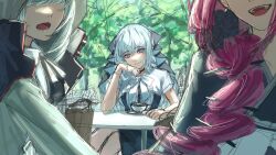  3girls baobhan_sith_(fate) baobhan_sith_(over_the_same_sky)_(fate) black_bow blue_eyes bow cup fate/grand_order fate_(series) gray_(fate) gray_(over_the_same_sky)_(fate) hair_between_eyes hair_bow highres ina_(rimuna_1228) long_hair looking_at_viewer morgan_le_fay_(fate) morgan_le_fay_(matsuyuki_cocokara)_(fate) multiple_girls open_mouth pink_hair sitting smile teacup white_hair 