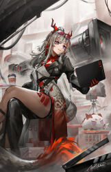  1girl absurdres arknights artist_name asymmetrical_legwear az&#039;ruler belt black_coat blue_eyes braid cable character_request clapperboard clothing_cutout coat colored_skin computer crossed_legs cup disposable_coffee_cup disposable_cup dragon_girl earrings feet_out_of_frame grey_hair highres holding holding_laptop horns jewelry laptop long_hair long_sleeves looking_to_the_side megaphone movie_camera multicolored_eyes multicolored_skin multiple_belts name_tag nian_(arknights) nian_(thunderbolt_director)_(arknights) open_mouth pink-tinted_eyewear pointy_ears red-tinted_eyewear side_braid single_bare_leg sitting smile sunglasses tail tassel tassel_earrings tinted_eyewear video_camera violet_eyes 