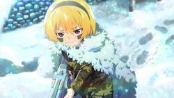  1girl artist_request black_hairband blonde_hair camouflage camouflage_pants camouflage_shirt fang footprints game_cg gun hairband highres higurashi_no_naku_koro_ni higurashi_no_naku_koro_ni_mei holding holding_gun holding_weapon houjou_satoko leaf non-web_source official_art outdoors pants serious shirt snow snowflake_print solo sparkle violet_eyes weapon 