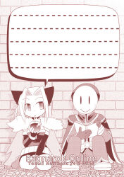  1boy 1girl 2012 alchemist_(ragnarok_online) animal_ears book boots cat_ears closed_mouth commentary_request copyright_name curtained_hair dress drinking drinking_straw drinking_straw_in_mouth elbow_gloves expressionless fingerless_gloves full_body fur_collar gloves holding holding_book looking_at_another looking_to_the_side masked narihara_tonmi pants ragnarok_online shirt short_dress short_hair smiley_face 