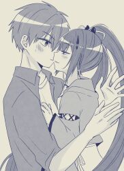  1boy 1girl assertive_female blunt_bangs blush braid collared_shirt commentary_request couple eye_contact fang from_side greyscale hair_between_eyes hair_ornament hairclip half-closed_eyes hand_on_another&#039;s_chest hands_up hetero highres imminent_kiss japanese_clothes kamiyama_shiki kimono long_hair long_sleeves looking_at_another monochrome mumusubisan0704 open_clothes open_shirt parted_lips ponytail profile school_uniform seductive_smile shirt short_hair side_braid simple_background skirt smile spiky_hair straight_hair summer_pockets summer_pockets_school_uniform takahara_hairi tsurime very_long_hair white_background wide_sleeves 