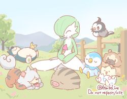  artist_name asakoline bidoof blue_sky bob_cut brown_fur closed_eyes colored_skin dress fence gardevoir grass green_hair green_skin hair_over_one_eye hisuian_growlithe multicolored_skin on_grass outdoors pichu piplup pokemon pokemon_(creature) sitting sky snorlax starly swinub togepi two-tone_skin white_dress white_skin wooden_fence 