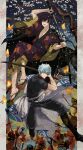  2boys bandage_over_one_eye black_hair cherry_blossoms gintama highres holding holding_sword holding_weapon japanese_clothes kimono male_focus multiple_boys nikuhen sakata_gintoki sandals short_sleeves skeleton sword takasugi_shinsuke weapon white_hair 