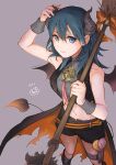  1girl arm_up bangs black_shorts blue_eyes blue_hair bow broom byleth_(fire_emblem) byleth_eisner_(female) closed_mouth collarbone crop_top fire_emblem fire_emblem:_three_houses grey_background hair_between_eyes holding holding_broom horns long_hair midriff navel orange_bow pantyhose robaco shiny shiny_hair short_shorts shorts sketch smile solo standing stomach twitter_username 