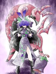  1girl black_boots black_dress black_gloves black_hair boots cherrim cherrim_(overcast) china_dress chinese_clothes crossover dress finger_touching flower flower_on_head full_body gloves greatmothsucks highres long_hair pokemon pokemon_(creature) scolipede standing sugimori_ken_(style) touhou vine_print yomotsu_hisami 