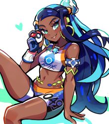  1girl absurdres arm_support armlet bare_arms bare_legs belly_chain bike_shorts black_hair black_sports_bra blue_eyes blue_eyeshadow blue_hair breasts crop_top dark-skinned_female dark_skin dynamax_band earrings eyeshadow gloves hair_bun highres hoop_earrings jewelry knee_up long_hair makeup multicolored_hair necklace nessa_(pokemon) pokemon pokemon_swsh single_glove single_hair_bun sitting solo sports_bra spyg two-tone_hair white_sports_bra 